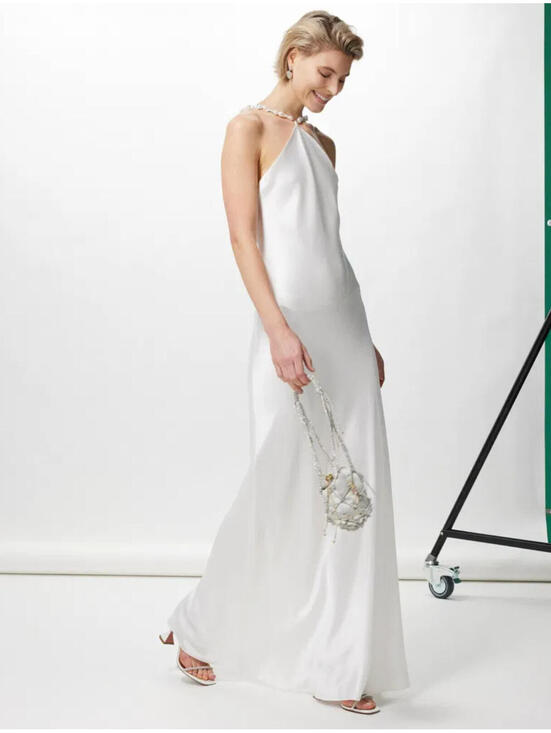 STAUD Dresses & Skirts - NWT STAUD Cadence White Satin Beaded Bridal Wedding Slip Maxi Dress Pearl 8/M